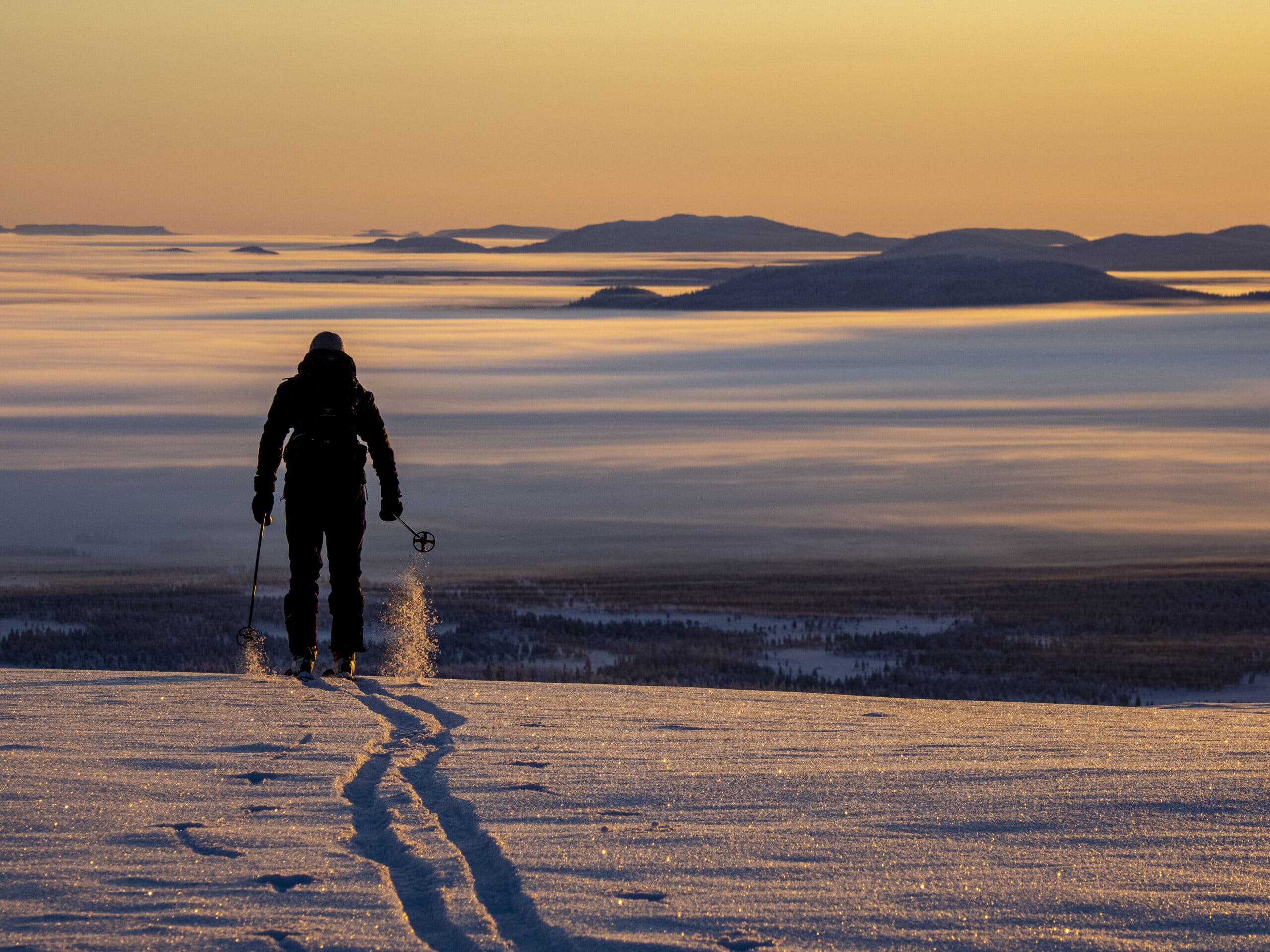 En längdskidåkare åker i decimetertjock nysnö på toppen av ett fjäll.